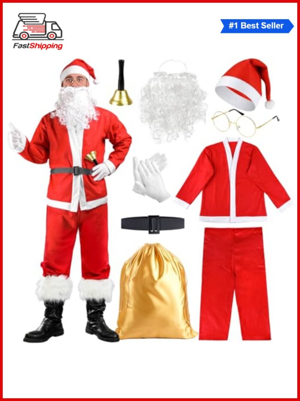 🎅 Santa Claus Costume Set Hat Tops Pants Beard Gloves Belt